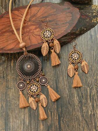 TopHanqi 3 pièces Set de bijoux style boho marron : boucles d'oreilles à gland avec décoration de cristal, collier pendentif et collier enroulé de, convient pour le port quotidien des femmes, les fêtes, les accessoires de festival