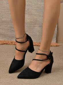 Black High Heel Shoes, Pointed Toe Flock Chunky Heel Solid Color Women's High Heel Sandals, Spring Lace-Up Pumps