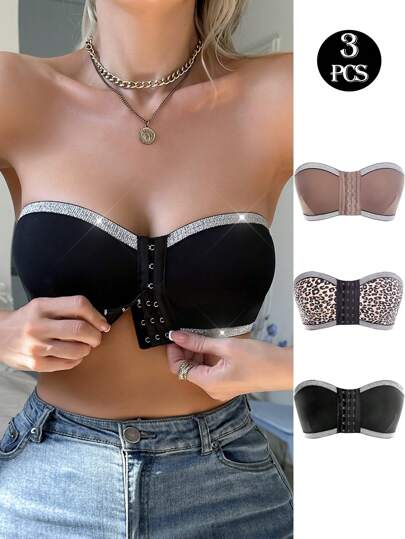 3pcs Women Front Closure Bralette Bras With Silver Threads Decor, Comfortable Camisole Set