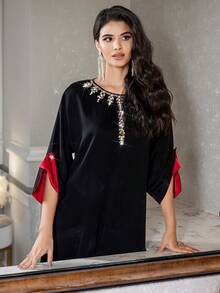 Long Arabic Style Evening Dress With Beaded Embellishments, Black Nida Crepe, Handmade Cuffed Sleeves, Suitable For Home Party, Festivals,Modest