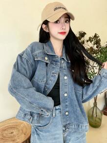 女士休闲宽松牛仔夹克，有领，长袖，适合秋冬季 - 藍色 - 查看 4