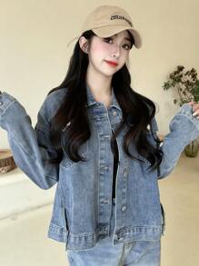 女士休闲宽松牛仔夹克，有领，长袖，适合秋冬季 - 藍色 - 查看 6