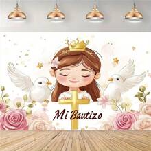 1 pieza Telón de fondo de poliéster para , con cruz y tema, sin electricidad, para celebraciones, bodas, cumpleaños, aniversarios