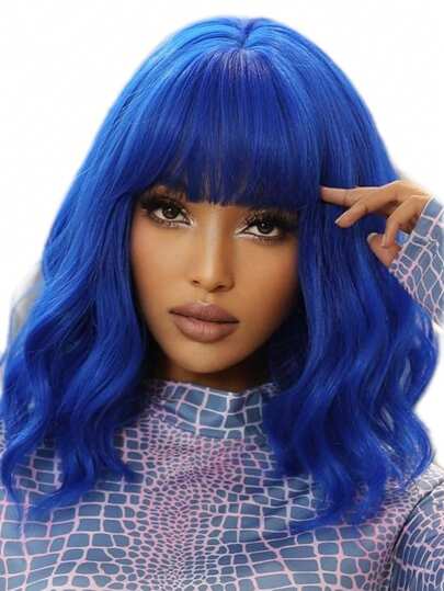 14 英寸短波浪鲍勃假发，带刘海 短橙色假发 粉色鲍勃假发 深绿色鲍勃假发 短紫色假发 短卷曲波浪鲍勃假发 合成假发 短角色扮演假发或万圣节假发，适合女孩日常使用 彩色假发