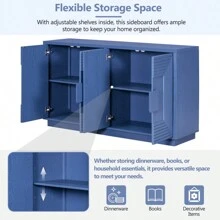TREXM Vintage Distressed 4-Door Sideboard With Adjustable Shelves And Geometric Pattern For Dining Room Kitchen And Living Room Navy Blue - Navy Blue + Solid Wood+MDF as Pic - View 6