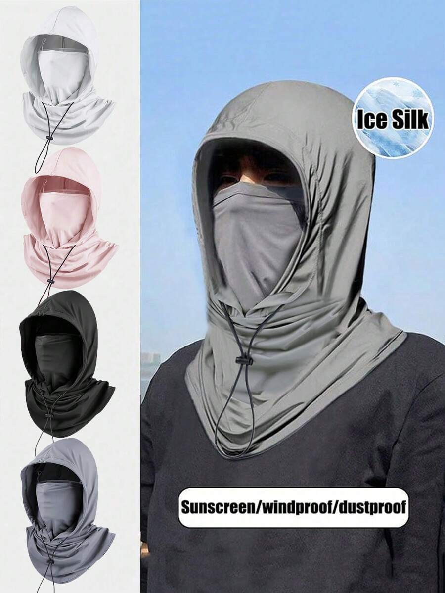 1 pieza Pasamontañas de seda de hielo con protección UV - Pantalla solar facial completa - Transpirable, sin costuras, cuello ajustable con cordón, para motocicleta, ciclismo, pesca al aire libre, con orejeras, máscara facial de protección solar para hombres, gorra de ciclismo para hombres, máscara de esquí, festival, viaje - Multicolor - Ver 1