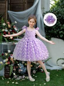 Vestido de fiesta informal de niña con decoración de lazo 3D, vestido de niña de las flores para boda, vestido sin mangas de unicolor - Morado - Ver 5