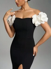 Fuaheng 花瓣袖收腰紧身连衣裙，黑色优雅开衩派对晚会鸡尾酒会服装，婚礼宾客礼服，舞会礼服，校服