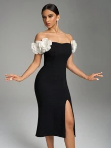 Fuaheng 花瓣袖收腰紧身连衣裙，黑色优雅开衩派对晚会鸡尾酒会服装，婚礼宾客礼服，舞会礼服，校服