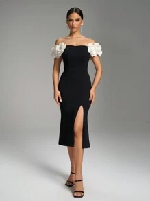 Fuaheng 花瓣袖收腰紧身连衣裙，黑色优雅开衩派对晚会鸡尾酒会服装，婚礼宾客礼服，舞会礼服，校服