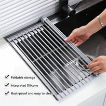 1pc Stainless Steel Sink Drying Rack Kitchen Washing Bowl Foldable Drying Curtain Plate Vegetable And Fruit Storage Rack Plate Stand