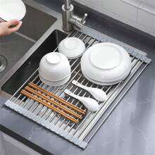 1pc Stainless Steel Sink Drying Rack Kitchen Washing Bowl Foldable Drying Curtain Plate Vegetable And Fruit Storage Rack Plate Stand