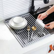 1pc Stainless Steel Sink Drying Rack Kitchen Washing Bowl Foldable Drying Curtain Plate Vegetable And Fruit Storage Rack Plate Stand