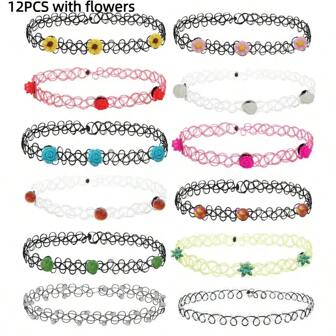 12pcs/Pack Fashionable Elastic Stretchy Choker Necklace With Multicolor Fish Line Tattoo Design