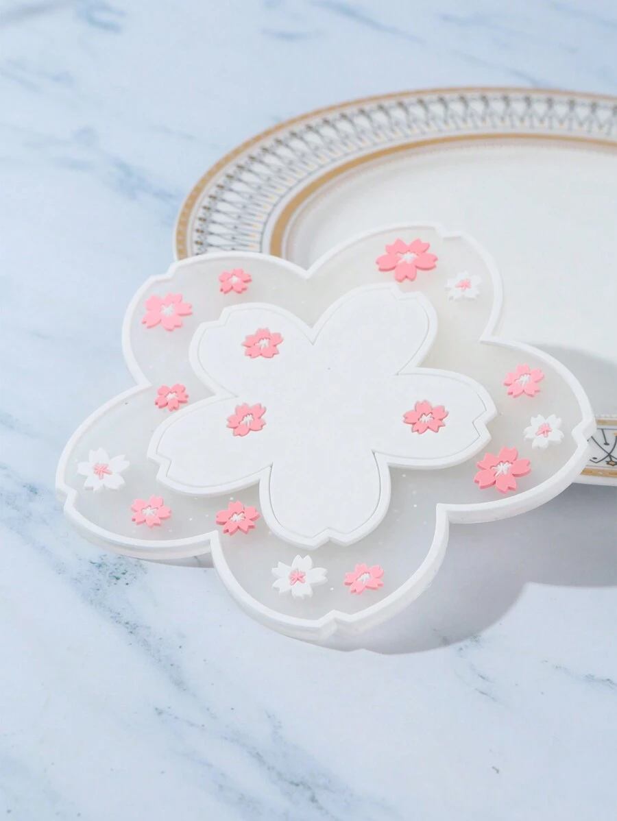 1pc Minimalist Household Silicone Placemat With Sakura Flower Pattern, Heat Insulation, Easy To Clean, For Kitchen, Table, Tea Cup - Multicolor - View 1