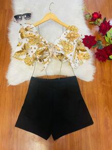 HONGDA VARIETIES One Size Shirt Set That Ties At The Back With Elastane And Print, Shorts With Zipper And No Pocket - 黑色 - 查看 2