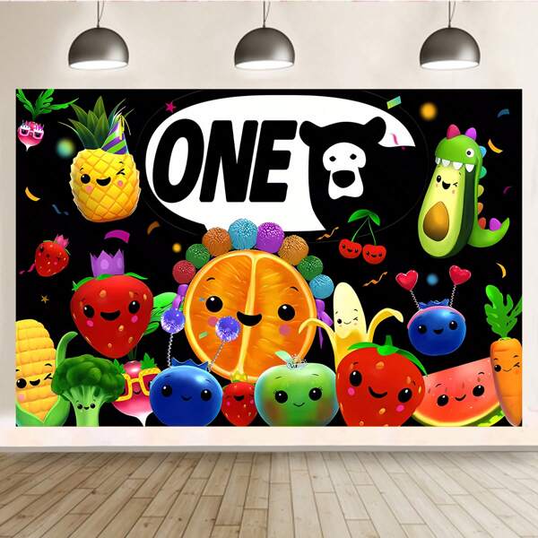 1pc Cute Fruit Black Background Birthday Party Background Cloth 82.7 * 59.1/59.1 * 39.4/39.4 * 29.5 Inch Color Fruit Background Cartoon Fruit Theme Photo Background Summer Fruit Party Photography Background Birthday Cake Table Banner Photo Booth Props