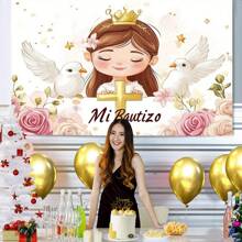 1 pieza Telón de fondo de poliéster para , con cruz y tema, sin electricidad, para celebraciones, bodas, cumpleaños, aniversarios