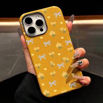 1 st Halloween Fashion Pumpkin Lamp Print Tjockt stötsäkert telefonfodral Kompatibel med IPhone 16, 11, 12, 13, 14, 11Pro Max, 12Pro Max, 13Pro Max, 14Pro Max, XR, 15, 15PRO, 15PROMAX, Metallram Gul Flower Leather Texture Kvist
