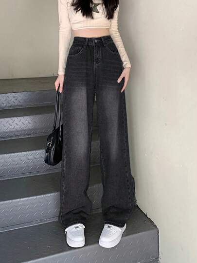 女士休闲宽松口袋阔腿牛仔裤