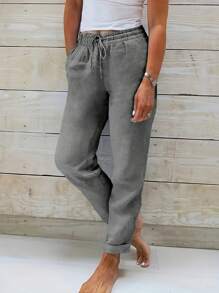 Women's Solid Color Minimalist Drawstring Waist Casual Pants, Versatile Daily Wear - Dark Grey - View 4