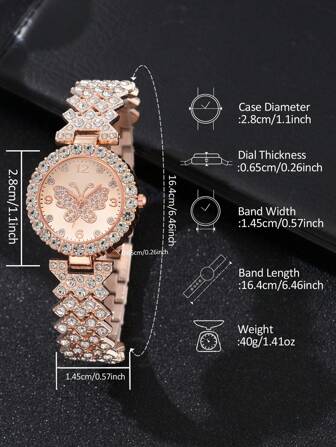 2入組/套 女士玫瑰金不鏽鋼鑲鑽裝飾蝴蝶花形表盤石英手錶和合金手鍊，適合日常佩戴和度假