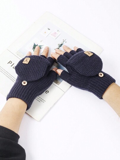 1 Pair Convertible Knitted Fingerless Gloves, Half Finger Flip-Top Warm Gloves For Students, Writing, Office, Outdoor Cycling, Dual-Use Autumn Outfits