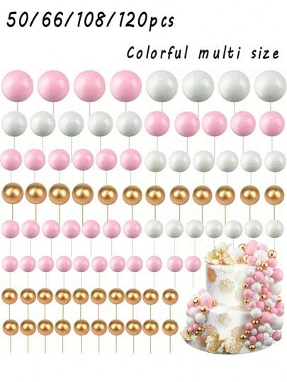 50/66/108/120个彩色泡沫球蛋糕装饰，球形蛋糕插牌，烘焙装饰，适用于婚礼、周年纪念、生日、圣诞节、万圣节、感恩节等场合（黑色、银色、白色、金色），DIY蛋糕装饰用品