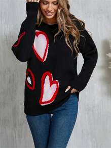 Women's Heart Print Sweaters Long Sleeve Round Neck Oversized Pullover Spring Fall Tops