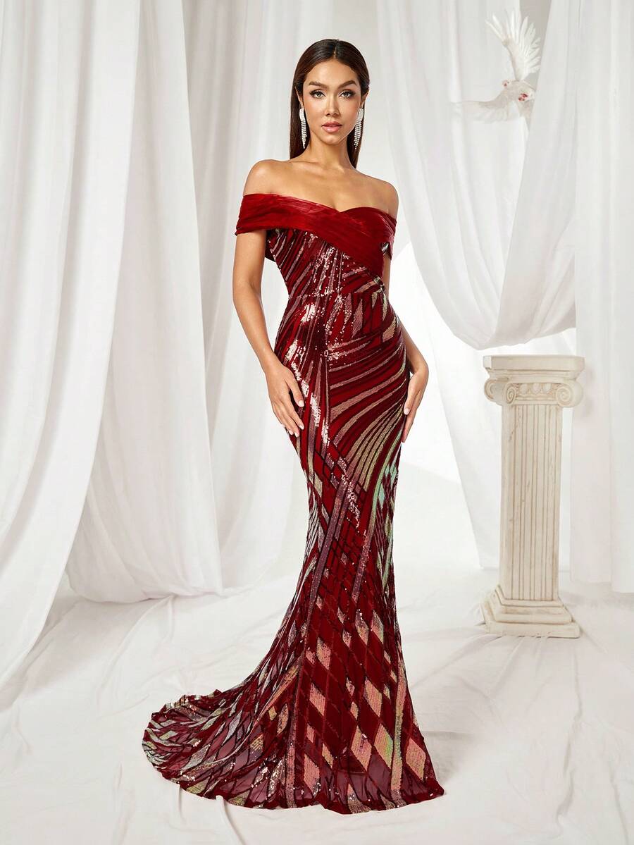 Luxurious Party Evening Dress, Women's Off Shoulder Slit Trailing Sequin Gown, Elegant