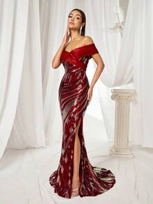 Luxurious Party Evening Dress, Women's Off Shoulder Slit Trailing Sequin Gown, Elegant - Red - View 5