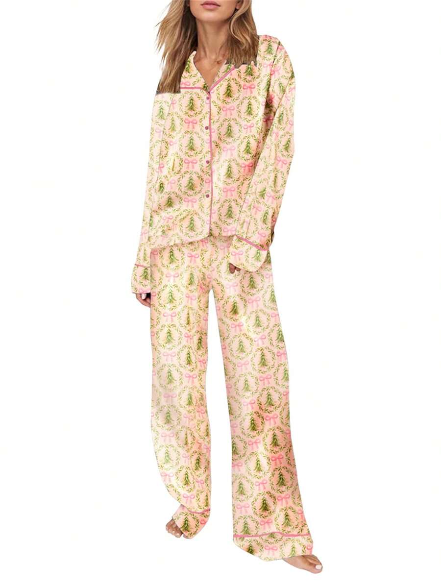 Women Christmas Pajamas Set 2 Piece Sleepwear Long Sleeve Shirts Tops And Pants Loungewear Pjs Outfits Thanksgiving Gifts - Yellow - View 1