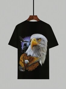 1pc Men Plus Size Casual Style Forest & Eagle Graphic T-Shirt, Suitable For All Seasons - Black - View 3