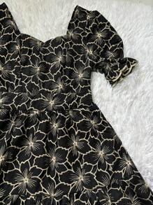 Women's Luxury Midi Dress Short Sleeve Lese Embroidery - màu đen - Xem 3