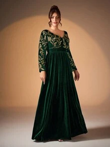V-Neck Sequined Waist Gathered Long Sleeve Velvet Dress - Dark Green - View 6