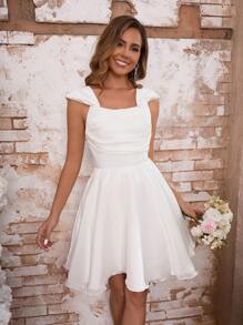 Bridal Party Dress - Elegant Pleated Satin & Mesh Mini Skirt, Wedding Gown, Bride - White - View 6