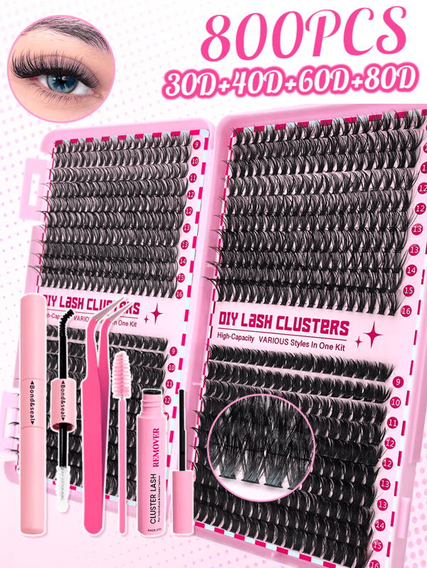 800 Clusters Individual D Curl 0.07D 30D40D60D80D/30D+40D+50D+60D 9-16mm Natural Look Lash Clusters DIY Long-Lasting False Eyelashes Gift For Women Girl Natural Clusterslash Clusters Kit,Lashes,Eyelashes,Fake Lashes