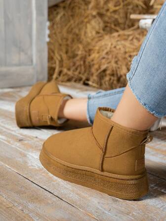 Women Brown Short Shaft Snow Boots, New Arrival Winter Warm Thermal Lined Waterproof Anti-Slip Thick Sole Round Toe Pull-On Ankle Boots