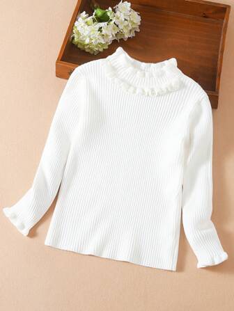 Tween Girl Sweater Elegant Beaded Frill Edge Tween Girl Knit Baslager Långärmad Topp, varma stickade plagg för höst/vinter