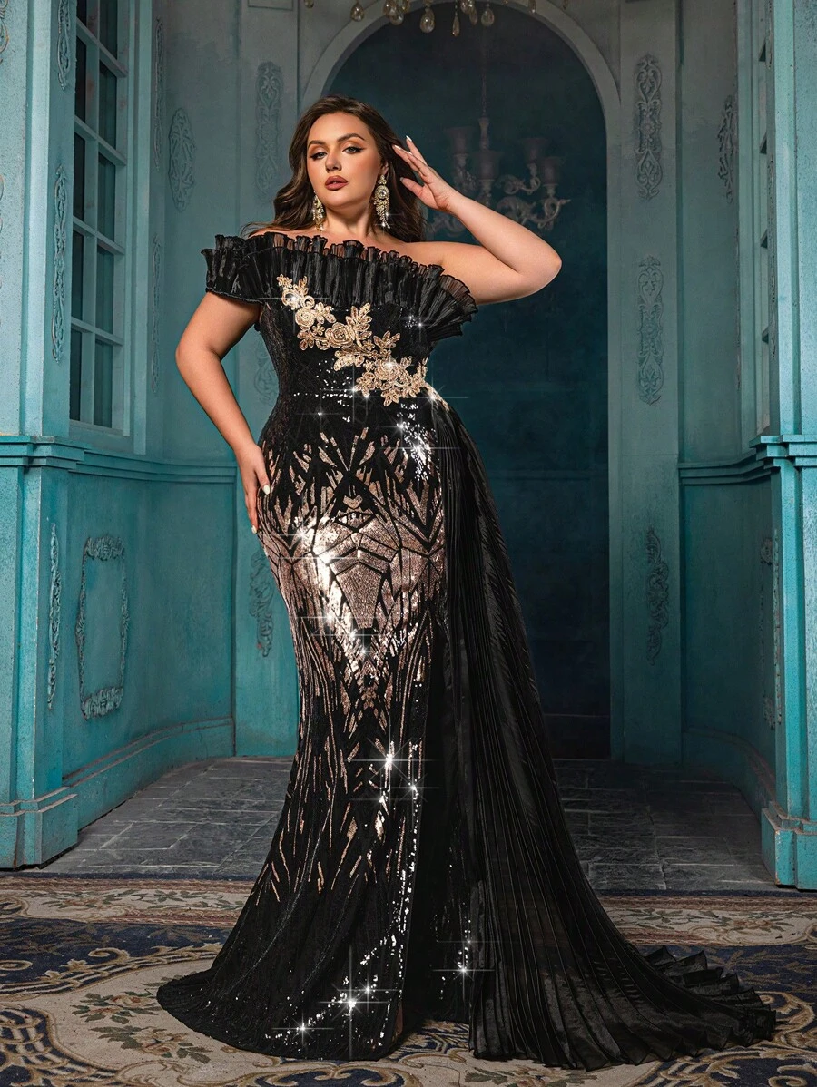 Elisanya Plus Size Noble Party Sequin Formal Dress Luxury Women Evening Gown For Red Carpet, Dinner Party, Galas, Cocktail Party, Charity Prom - Black - View 1