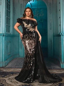 QOQ 大码高贵派对亮片正式礼服，奢华女士晚礼服，适合红毯、晚宴、盛会、鸡尾酒会、慈善舞会、婚礼等场合，黑色春季款 - 黑色 - 查看 4