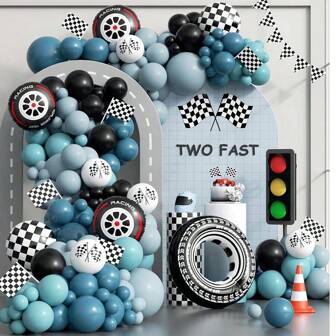 Race Car Theme Balloon Garland Arch Kit With Slate Dusty Blue Black Checkered Wheel Check Flag Balloons For One Two Fast Racing Car Birthday Party Decorations