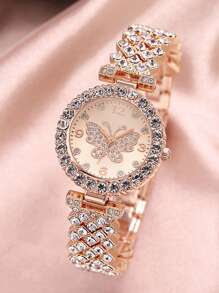 2pcs/Set Women's Rose Gold Stainless Steel Rhinestone Decorated Butterfly & Round Shaped Dial Quartz Watch And Alloy Bracelet, Suitable For Daily Wear Holiday