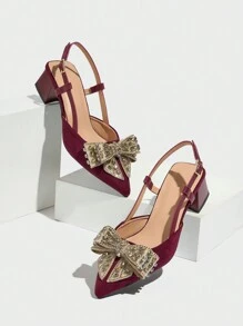 Dames instapschoenen met dikke hak en strass-strik, elegant en comfortabel, geschikt voor bruiloften, feesten, formele gelegenheden, herfst/winter, fluweelrood