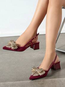 Dames instapschoenen met dikke hak en strass-strik, elegant en comfortabel, geschikt voor bruiloften, feesten, formele gelegenheden, herfst/winter, fluweelrood