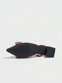 Dames instapschoenen met dikke hak en strass-strik, elegant en comfortabel, geschikt voor bruiloften, feesten, formele gelegenheden, herfst/winter, fluweelrood