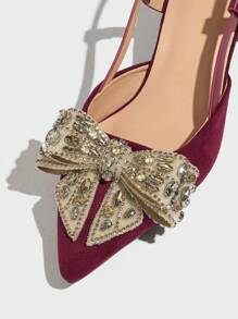 Dames instapschoenen met dikke hak en strass-strik, elegant en comfortabel, geschikt voor bruiloften, feesten, formele gelegenheden, herfst/winter, fluweelrood