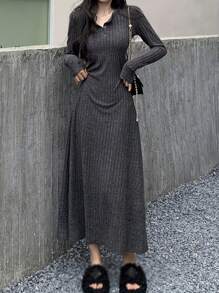 Women's Front Button Long Sleeve Simple Long Dress, Casual Everyday Wear