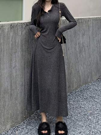 Women's Front Button Long Sleeve Simple Long Dress, Casual Everyday Wear