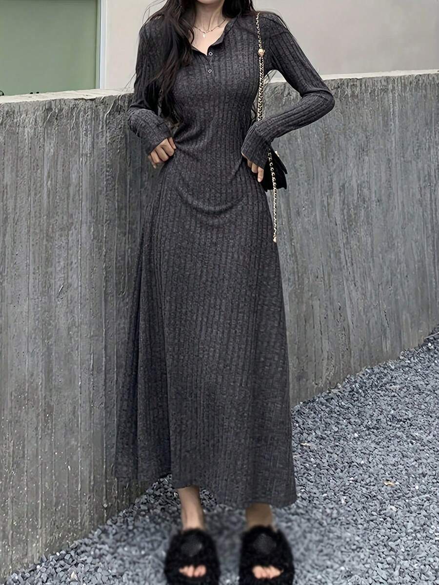 Women's Front Button Long Sleeve Simple Long Dress, Casual Everyday Wear